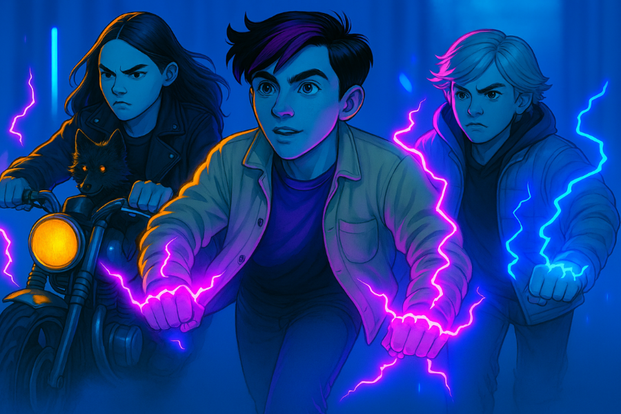 Fynne, Mae and Charlie with neon energy effects against a blue background